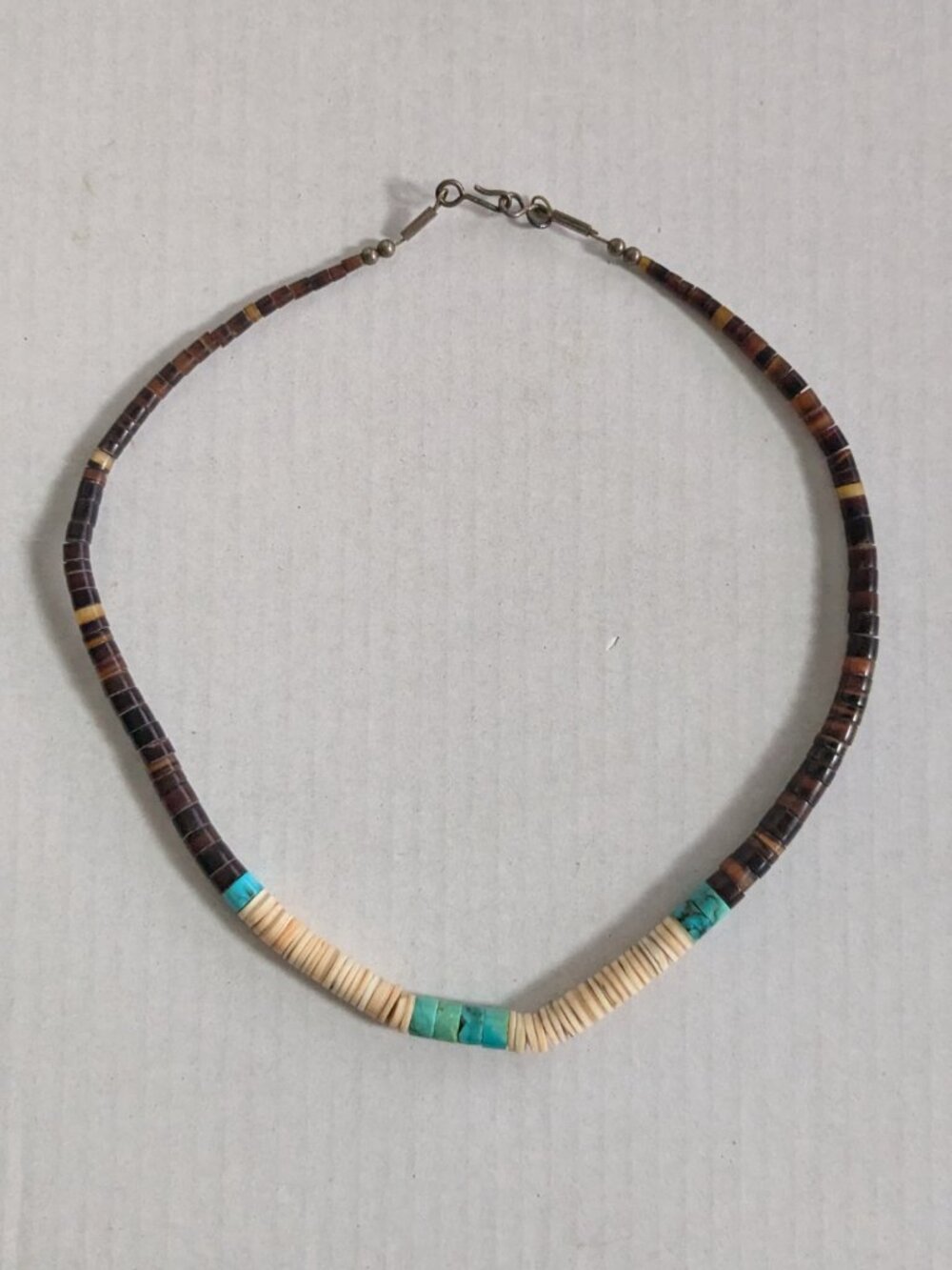 Vintage Brown Cream Blue Heishi Beaded 16" Necklace